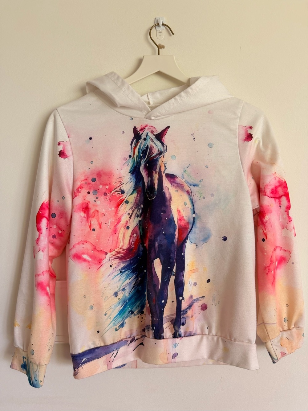 SHEIN White Hoodie with Pink and Blue Watercolor Horse Print